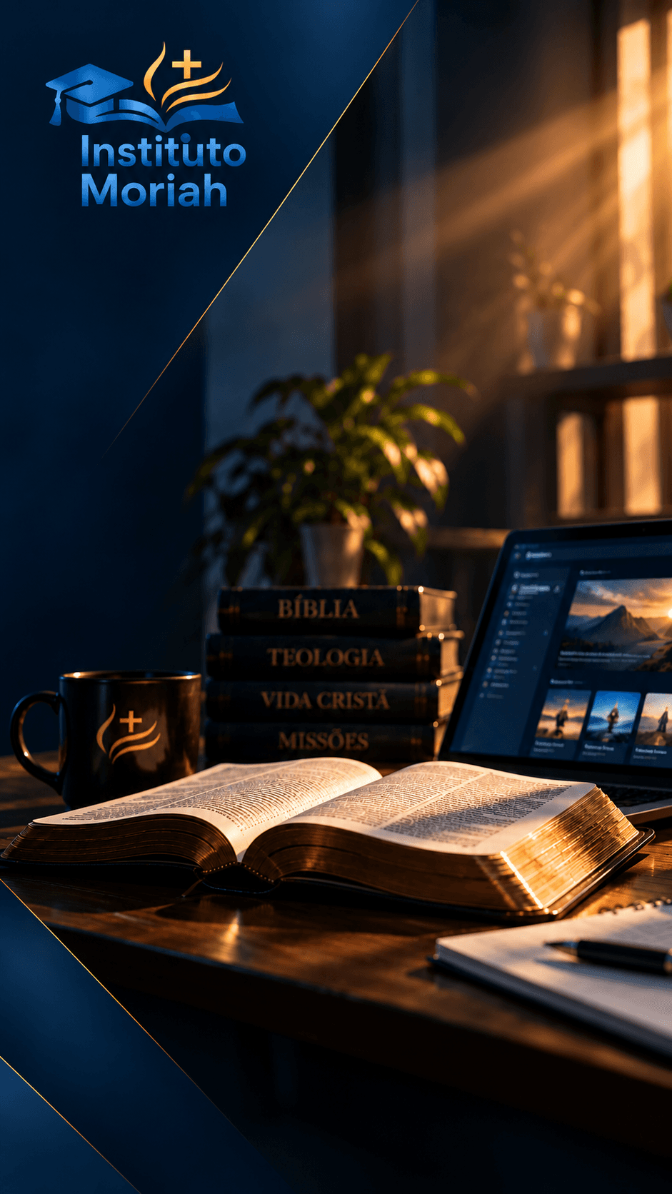 Instituto Moriah — Bíblia aberta sobre a mesa, ao lado de livros de teologia e um notebook com a plataforma